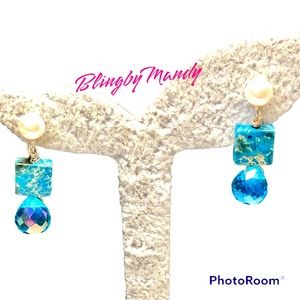 🦋Pretty blue and sea sediment earrings-artisan